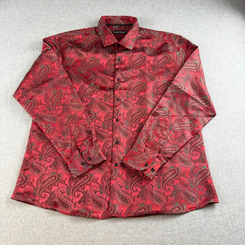 Barry Wang Mens XL Red Paisley Silk Blend Long Sleeve Button Down Shirt NWOT